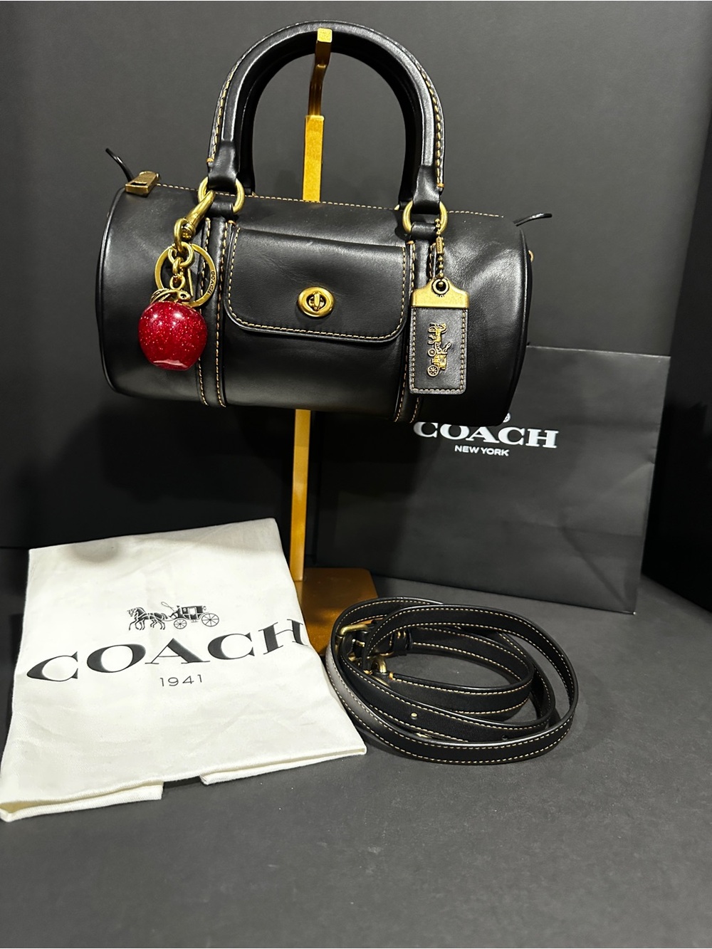HTF Vintage Coach Black Leather Barrel Bag with Red Apple Charm